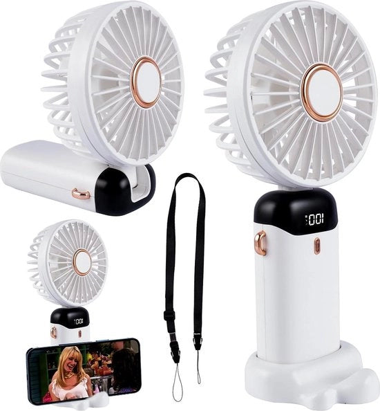 Ventilatore a Mano - Ventilatore Portatile Bianco Ricaricabile - Ventilatore da Tavolo Senza Filo - Ventilatore + Orecchini per Telefono - 5 Posizioni - Conosciuto su TikTok