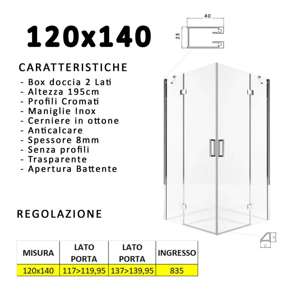 Box doccia due lati battenti 8 mm h195 anticalcare regina, misura 120x140