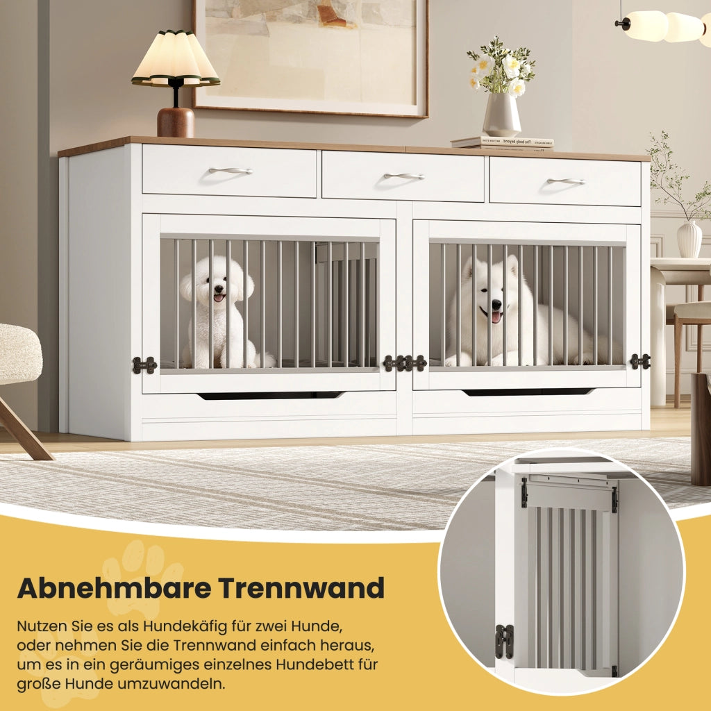 GABBIA PER CANI 164x60x81 cm MDF e metallo Bianco e naturale per 2 cani