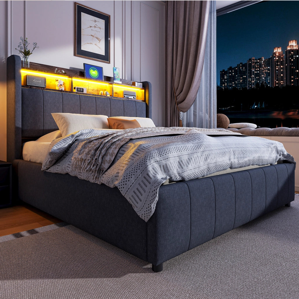 Letti contenitori 140x200 cm; LED e USB; contenitore idraulico; lino; grigio