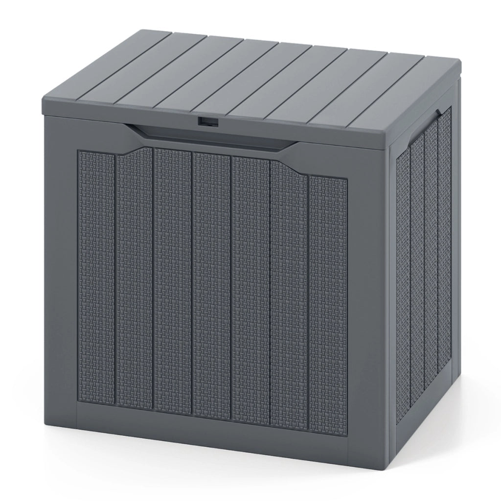 Contenitore per terrazza da 25 galloni con coperchio bloccabile e tessitura in vimini, Scatola di stoccaggio da esterno Grigio-Panchine