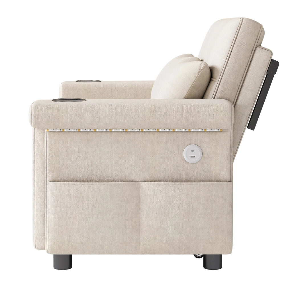 Divano letto 2 posti trasformabile con LED; USB/Type-C; schienale regolabile; chenille beige