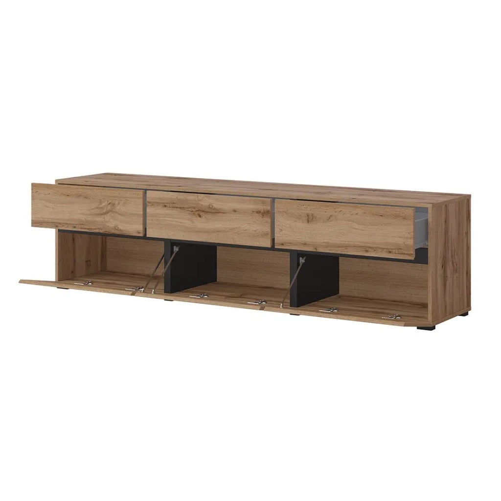 Mobile TV 180cm color rovere e nero collezione HAVANA. Mobile design con 3 porte e 3 cassetti.