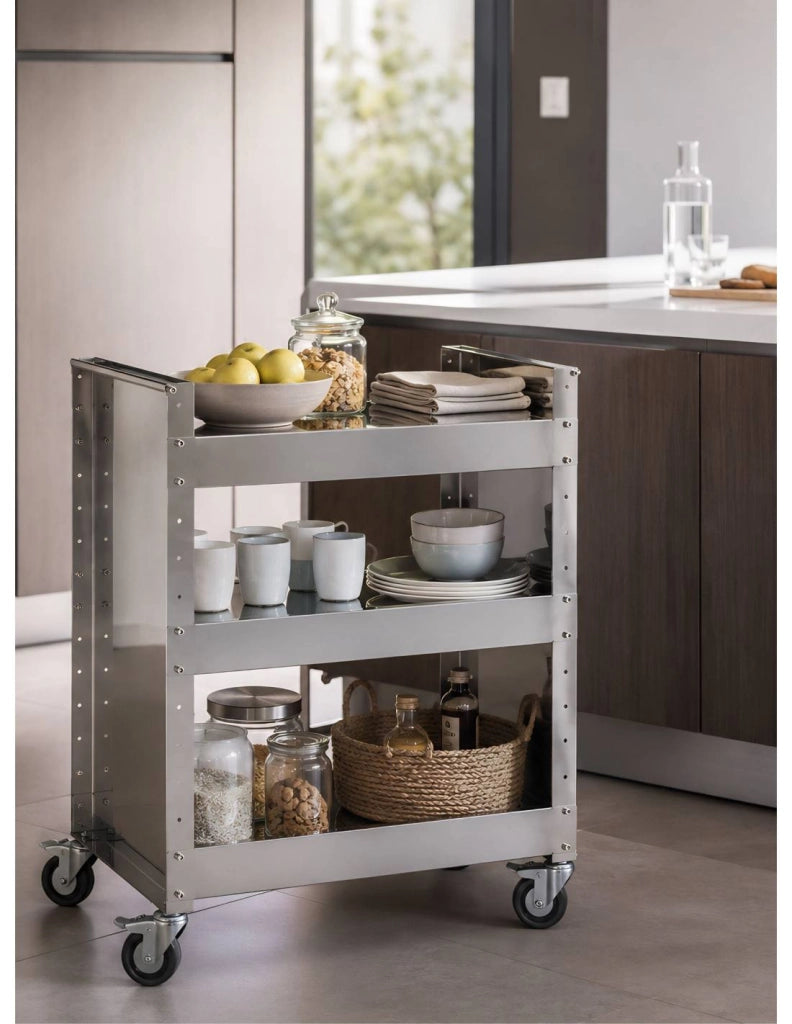 Carrello con ruote portatutto in acciaio inox, 3 ripiani regolabili, TEO