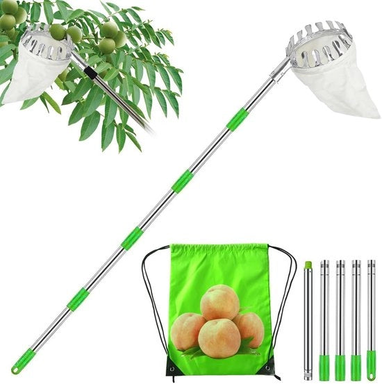 Fruitplukker con Asta Estendibile 2,2 m, Fruitgripho con Manico Leggero in Acciaio Inossidabile e Borsa di Cotone, Facile da Assemblare, Pickedio di Ciliegie con Diametro 16 cm.