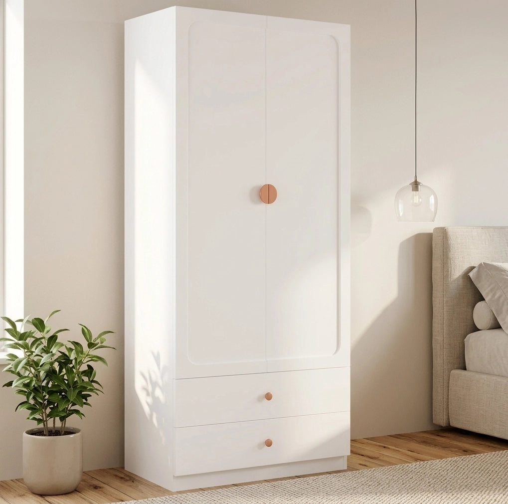 Armadio a 2 ante con 2 cassetti e asta appendiabiti; 90×45×200 cm; bianco