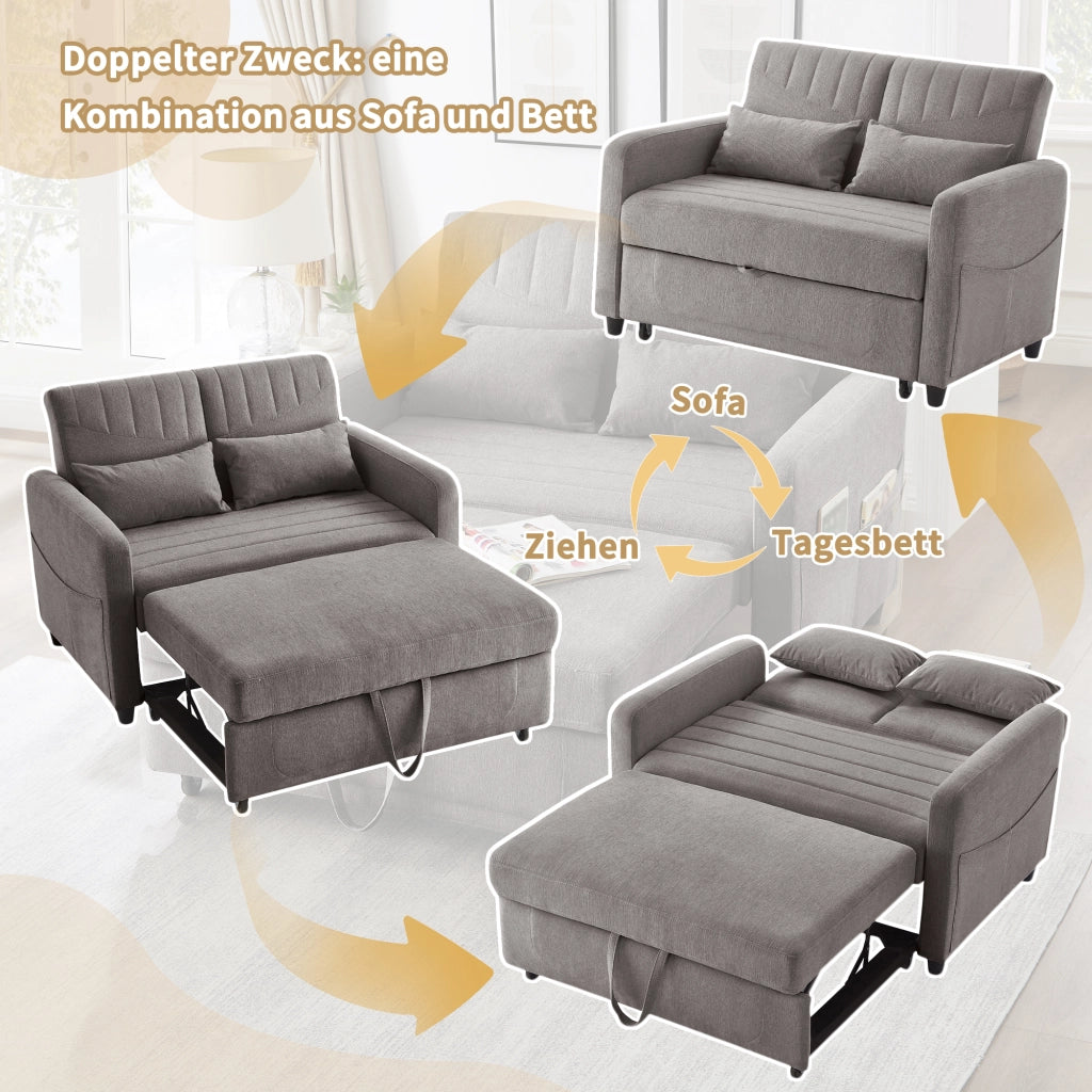 OKWISH Divano Letto 2 Posti, Schienale Regolabile in 3 Posizioni, Design Estraibile con 2 Cuscini, Tessuto Cotone Lino, Grigio