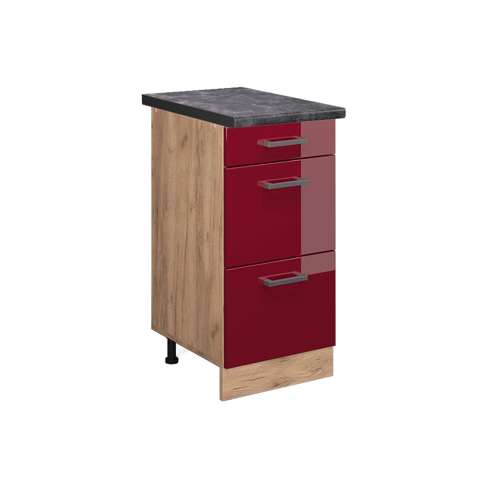 Mobiletto base per cucina R-Line Rosso lucido/Rovere dorato 40 cm con cassetti, PL Antracite Vicco