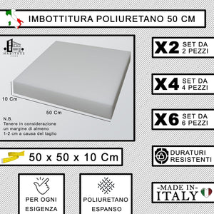 Set 4 Imbottitura Cuscini 50x50x10, Inserto Cuscino Poliuretano per Cuscini Sedie Cucina o Esterno, Cuscino Personalizzato, Made in Italy (4, Poliuretano 50x10 cm)