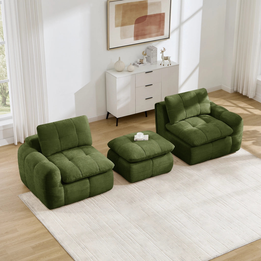 Divano modulare 2 posti con ottomano; seduta ergonomica e design trapuntato in chenille verde