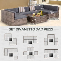 Salotto da Giardino in Rattan da 7 Pezzi con Tavolino e Divano Modulabile con Cuscini, Grigio
