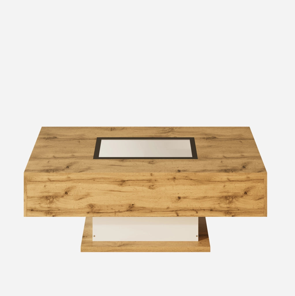 Tavolino da caffè con LED regolabile, vetro e 2 cassetti, 110,2 cm