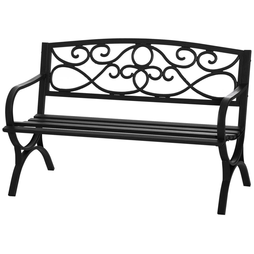 Panchina da Giardino 2 Posti in Acciaio e Ghisa con Braccioli e Decorazione. 128x58.5x85cm. Nero