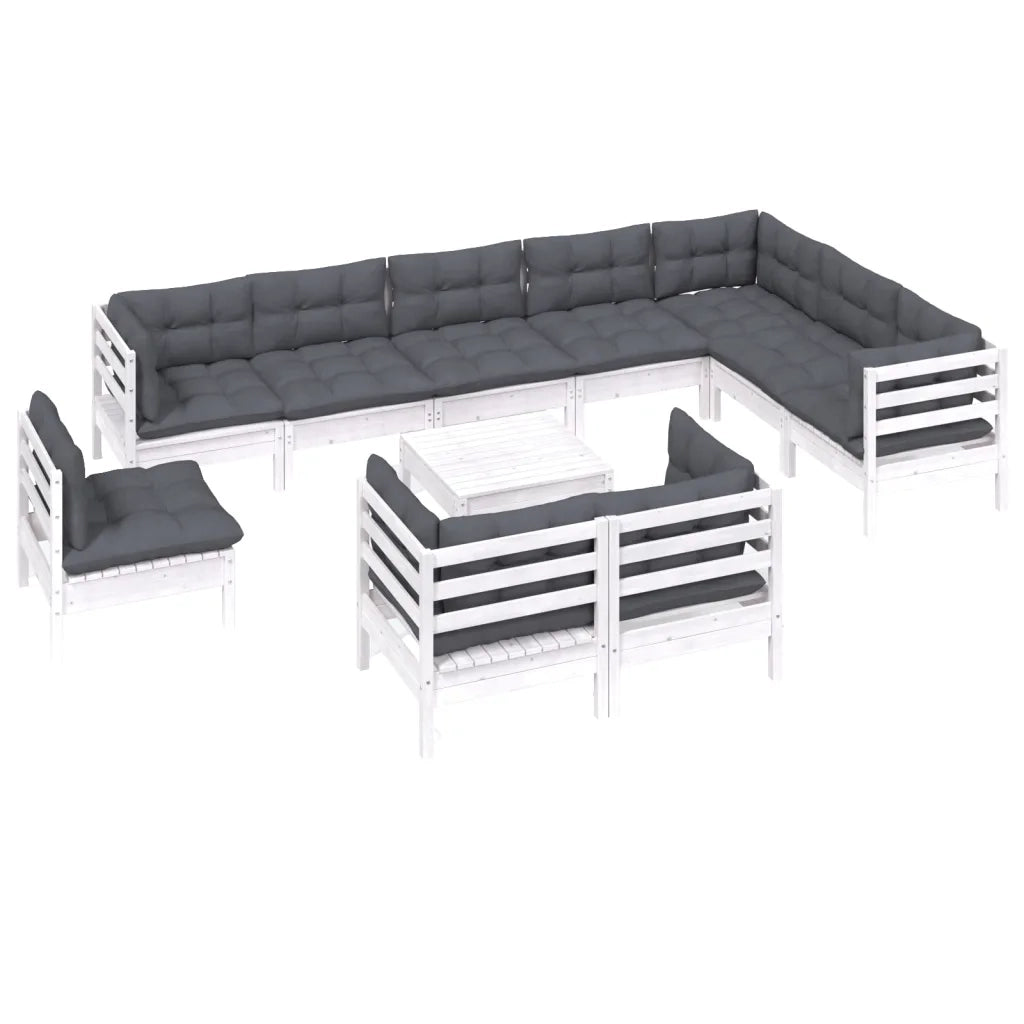 Set Divani da Giardino 11 pz con Cuscini Bianchi Legno di Pino 3096786