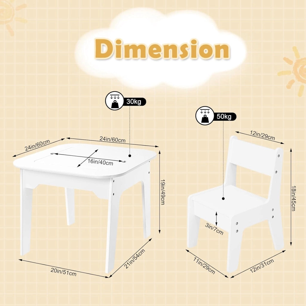Tavolino per Bambini con Sedie, Set di Tavolo con Lavagna e Contenitore, Mobile per Cameretta dei Bambini, Asilo, Scuola Materna, Piano Ribaltabile