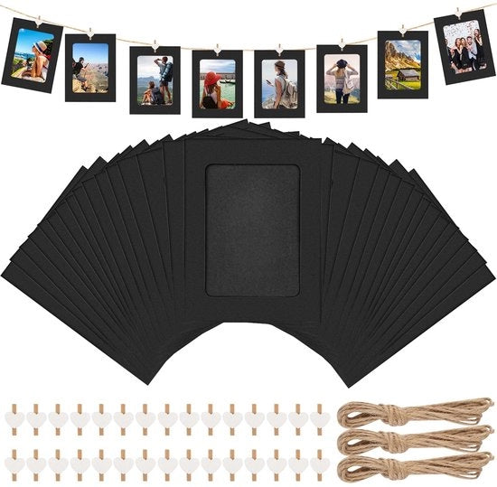 30 fotolijsten in cartone, 11 x 15 cm, nero, con 30 clip in legno e corda di canapa