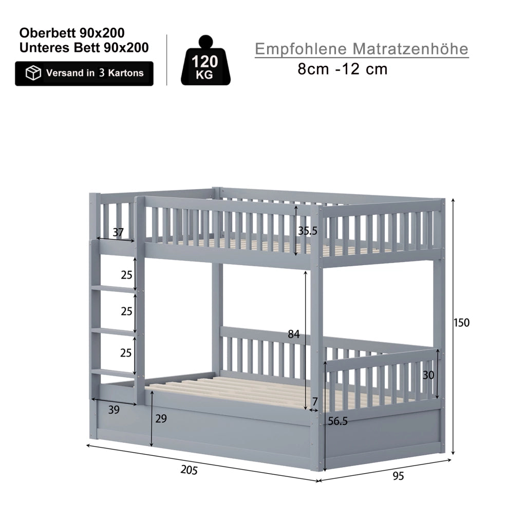Letto a castello per bambini 90x200 cm con vano idraulico grigio