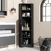 Mobile angolare da bagno nero con vani aperti e ripiano regolabile per ottimizzare lo spazio