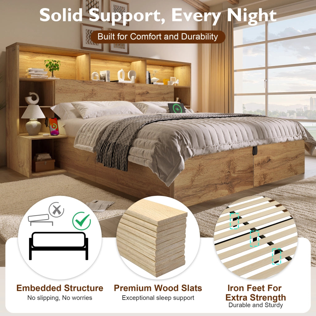 OKWISH Letto Contenitore 160×200 cm, Letto Matrimoniale con LED Regolabile, USB e Tipo C, Mensole e Comodini Integrati, con Materasso, Rovere