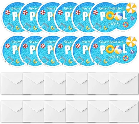 Inviti di compleanno a tema piscina - 12 pezzi - colore vivace - per bambini - inclusi buste - ideali per feste estive