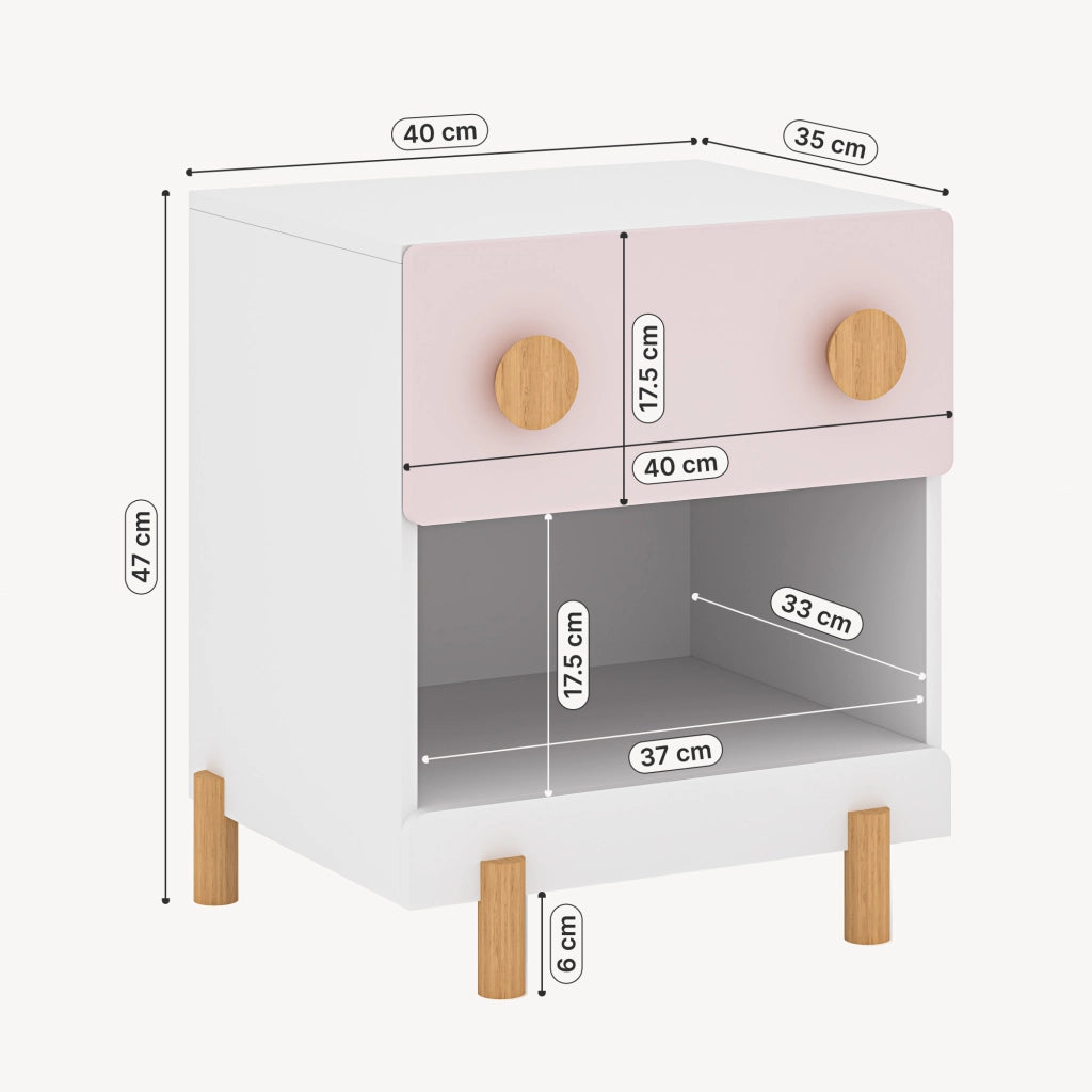 Comodino per Cameretta Vaarentaa con Cassetto e Scomparto Aperto 47x40x35 cm - Bianco/Rosa [en.casa]