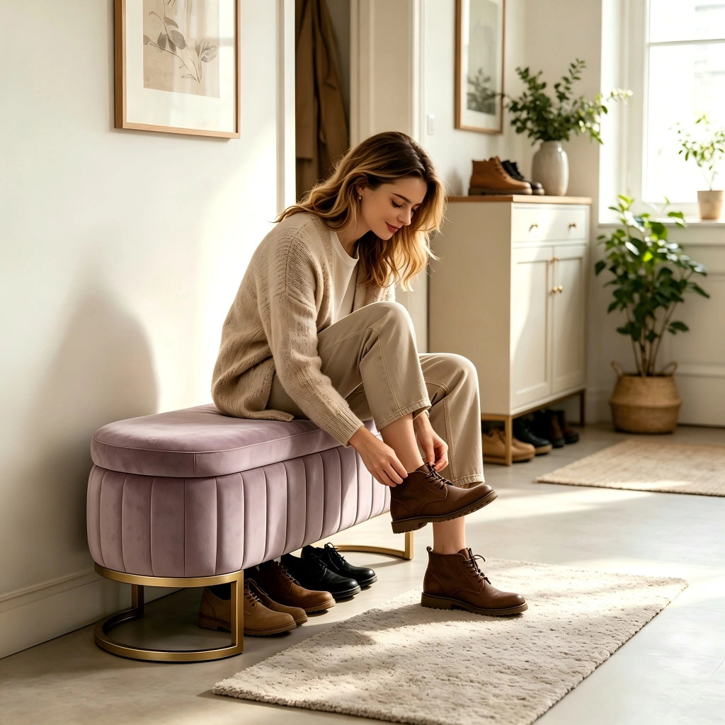Panca da letto con contenitore in velluto, gambe in metallo dorato e trapuntatura verticale, rosa 130 cm