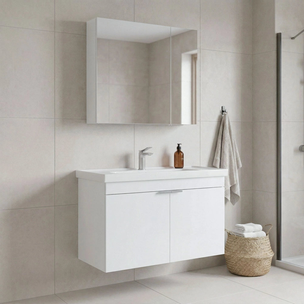 Set mobile lavabo con specchio (2 pezzi) "Desna 90" - 90 x 45 x 58 cm - Bianco opaco