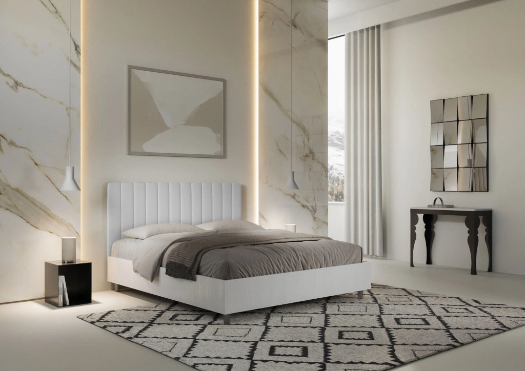 BS COM Letto matrimoniale con rete 160x190 bianco frassino testata similpelle bianco
