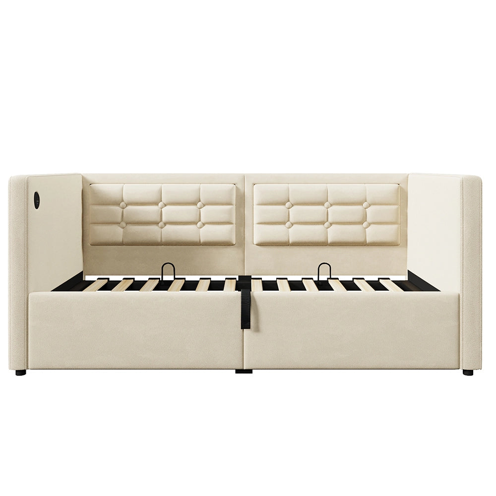 Divano letto-Xylo-90x200 cm-idraulico, USB-C, doghe legno, velluto, beige
