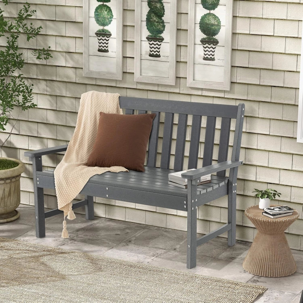 Panchina da Esterno, Panca da Giardino in HDPE Resistente con Schienale e Braccioli, Panchina da Parco, Balcone, Spogliatoio e Cortile, 132 x 65 x 91 cm (Grigio)