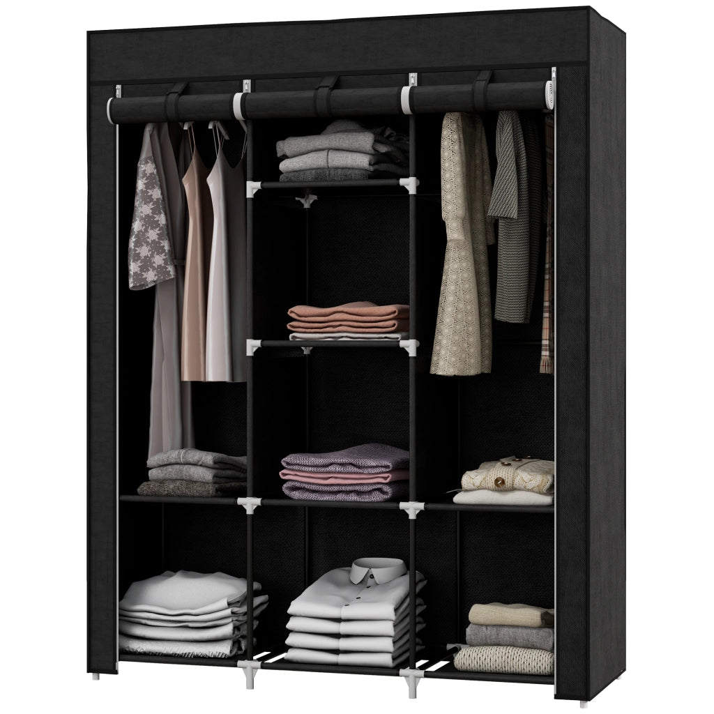 Armadio in tessuto con 2 appendiabiti e 8 ripiani, struttura in acciaio, per camera da letto, nero, 125 × 43 × 162,5 cm