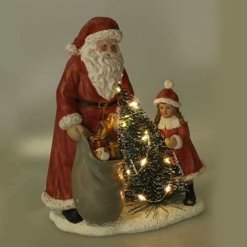 Statua resina babbo natale con bambina rosso con led cm 15x11xh18,5