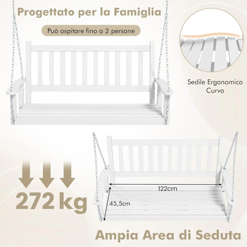 Altalena da Giardino in Legno per 2 Persone, Panchina Sospese in Legno con Capacità di Peso di 230 kg, Sedia a Dondolo per Giardino, Cortile (Bianco, 136 x 67 x 63 cm)