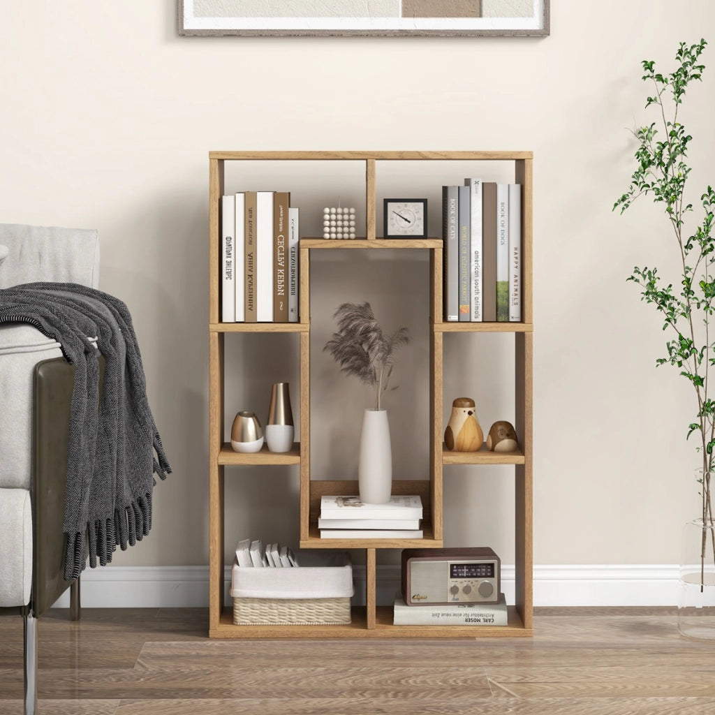 Libreria geometrica a 7 cubi-Moderna scaffale aperto da pavimento con dispositivo anti-ribaltamento per studio Naturale