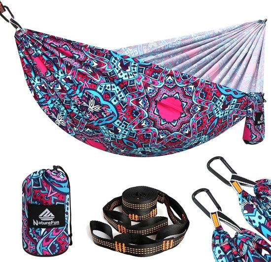 Hangmat ultraleggera per viaggi, campeggio, 300 kg di capacità di carico (275 x 140 cm), respirante, asciugantesi rapidamente, 2 x gancho premium, 2 x anelli inclusi, per esterno ed interno ed esterno.