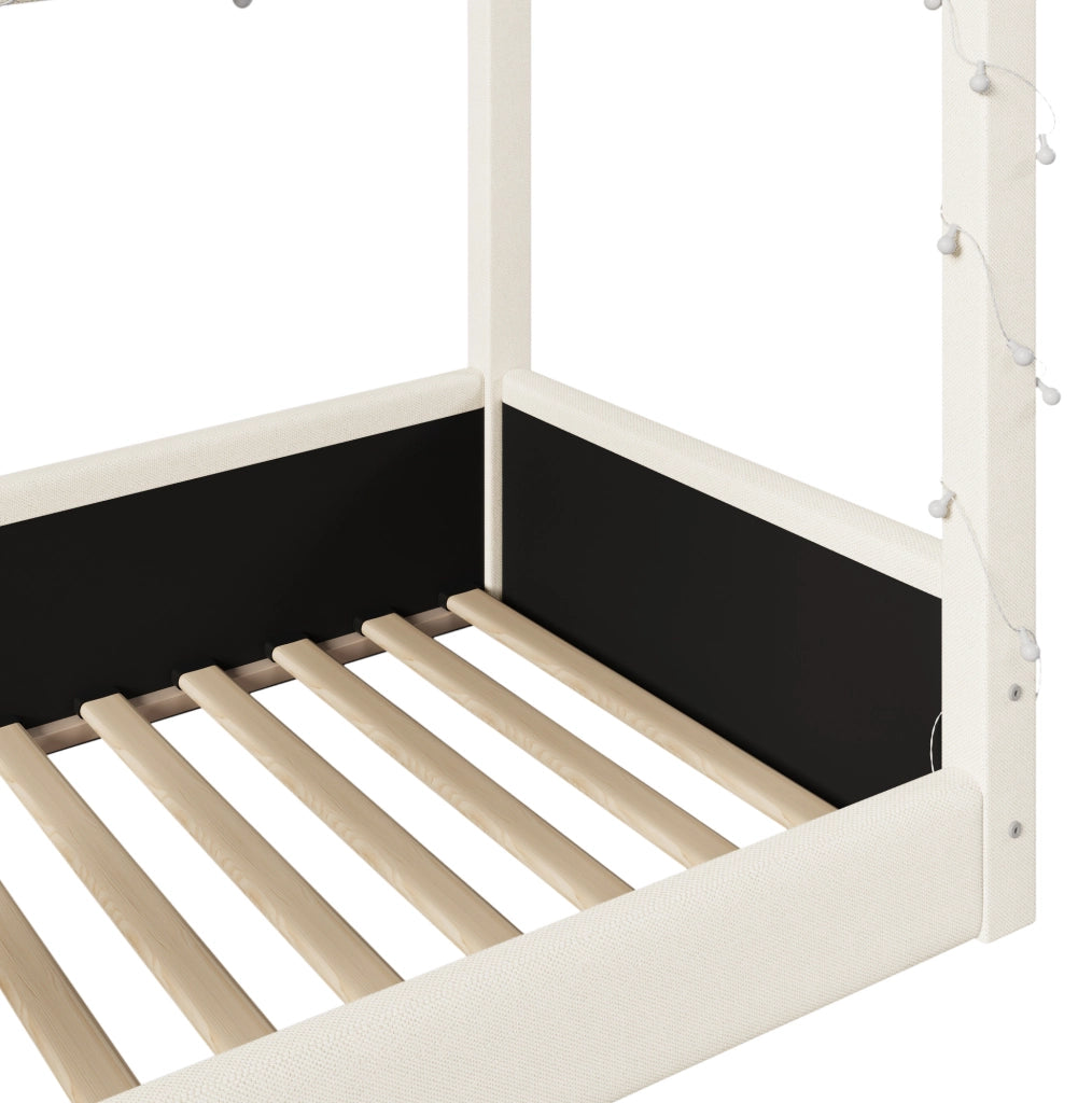 Letto casetta imbottito 90x200 cm con luci LED; beige
