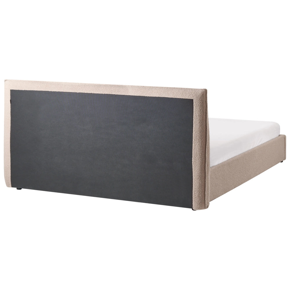 Letto matrimoniale con contenitore in tessuto bouclé tortora con testiera 180 x 200 cm Doghe in legno