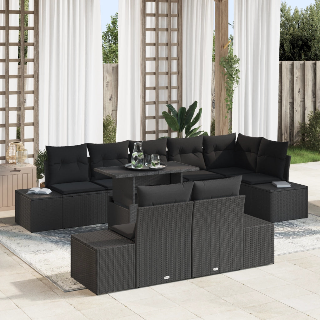 Set da Giardino 9 Pezzi con Cuscini Nero in Rattan Sintetico