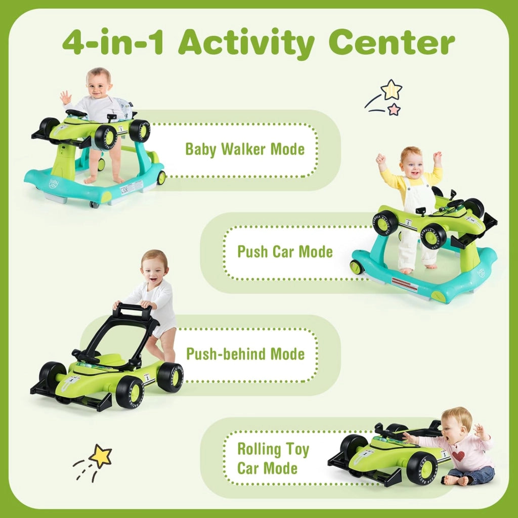 Girello per Bambini 6-18 Mesi, Baby Walker 4 in 1 con Musica e Luci, Primi Passi Piegevole e Portatile, Altezza e Velocità Regolabili, Carrello da Spinta, Forma di Macchinina (Blu + Verde)
