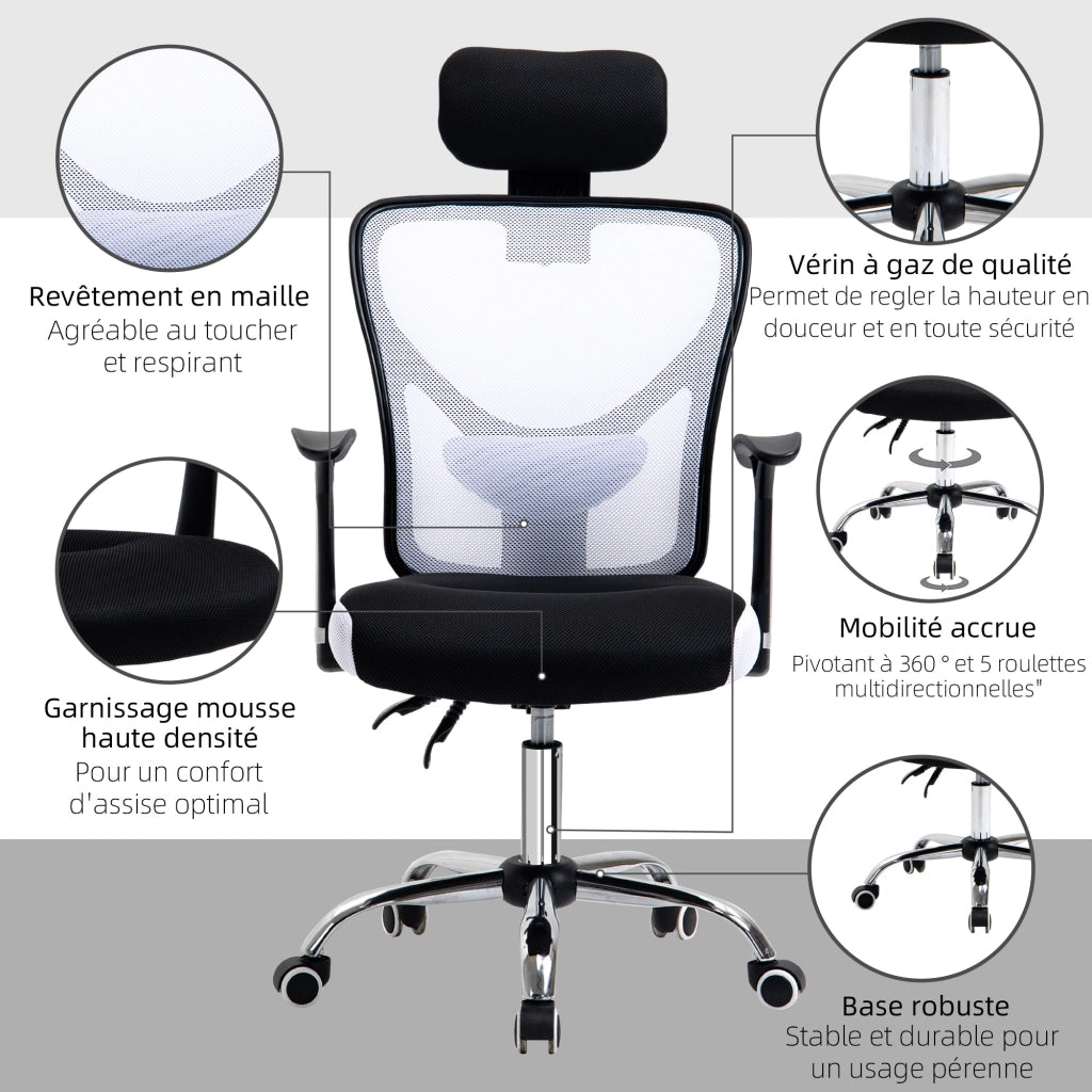 Sedia da ufficio in mesh ¨C zephmum ¨C regolabile in altezza, schienale reclinabile, 62x67x118 cm, nero e bianco