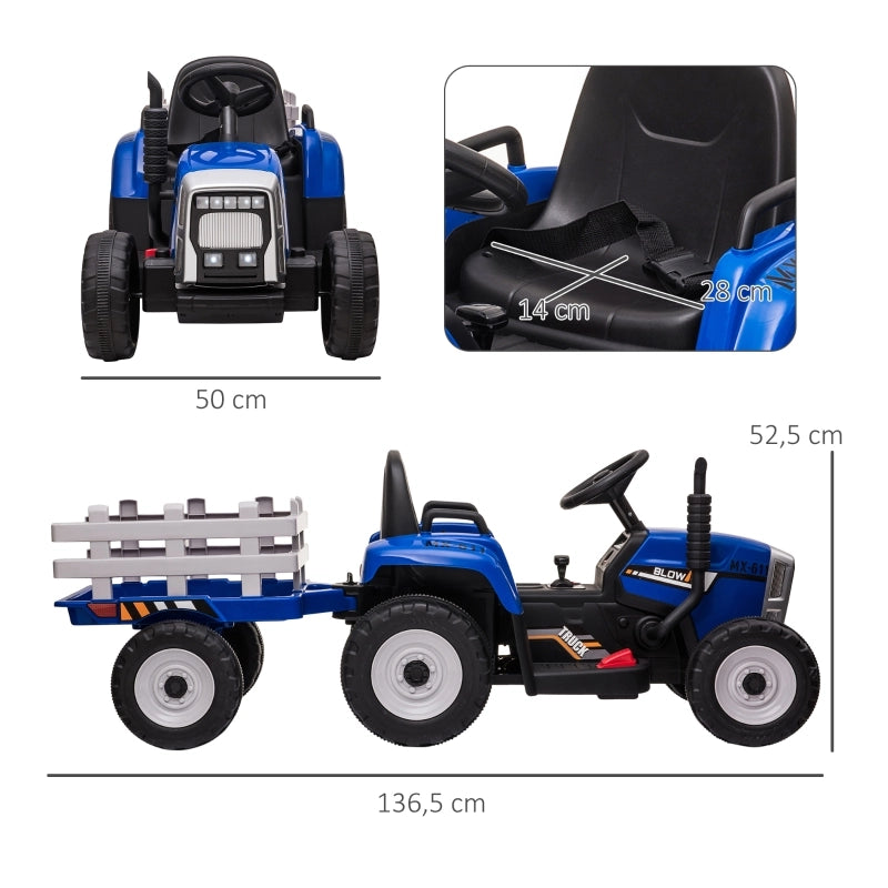 Macchina elettrica per bambini con rimorchio, telecomando, fari, 3-6 km/h, per bambini dai 3 ai 6 anni, blu