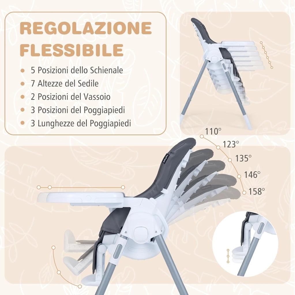 Seggiolone Pappa Portatile, con Altezza Regolabile, Schienale Reclinabile e Vassoio Rimovibile, Seggiolone Evolutivo Pieghevole con Cintura e 2 Ruote, per Bambini 6-36 Mesi (Grigio Scuro)