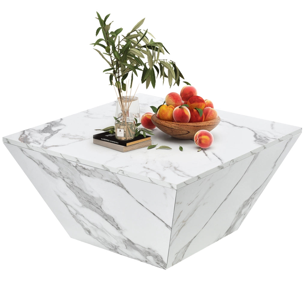 Tavolino da salotto moderno trapezoidale 70x70x37 cm in MDF con finitura effetto marmo bianco