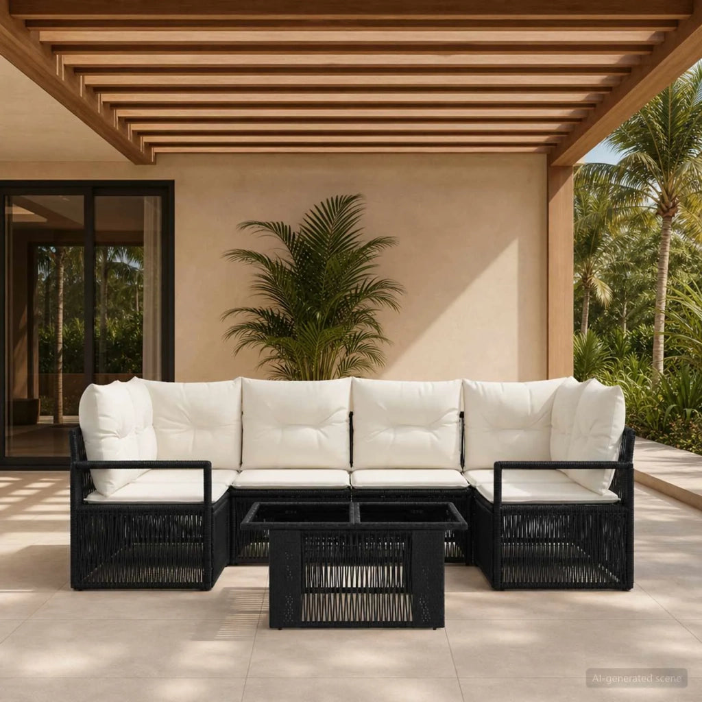 Set Divano da Giardino 7 pz Nero e Bianco Crema polyrattan 3437056