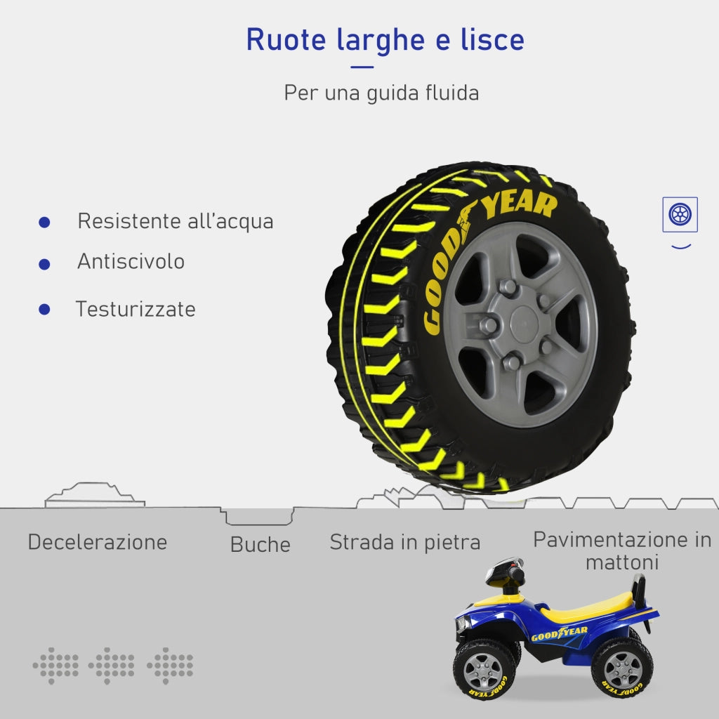 EasyComfort Quad Giocattolo per Bambini 18-36 Mesi con Licenza GOODYEAR con Luci e Suoni Realistici, Blu e Giallo, 60x31x42cm