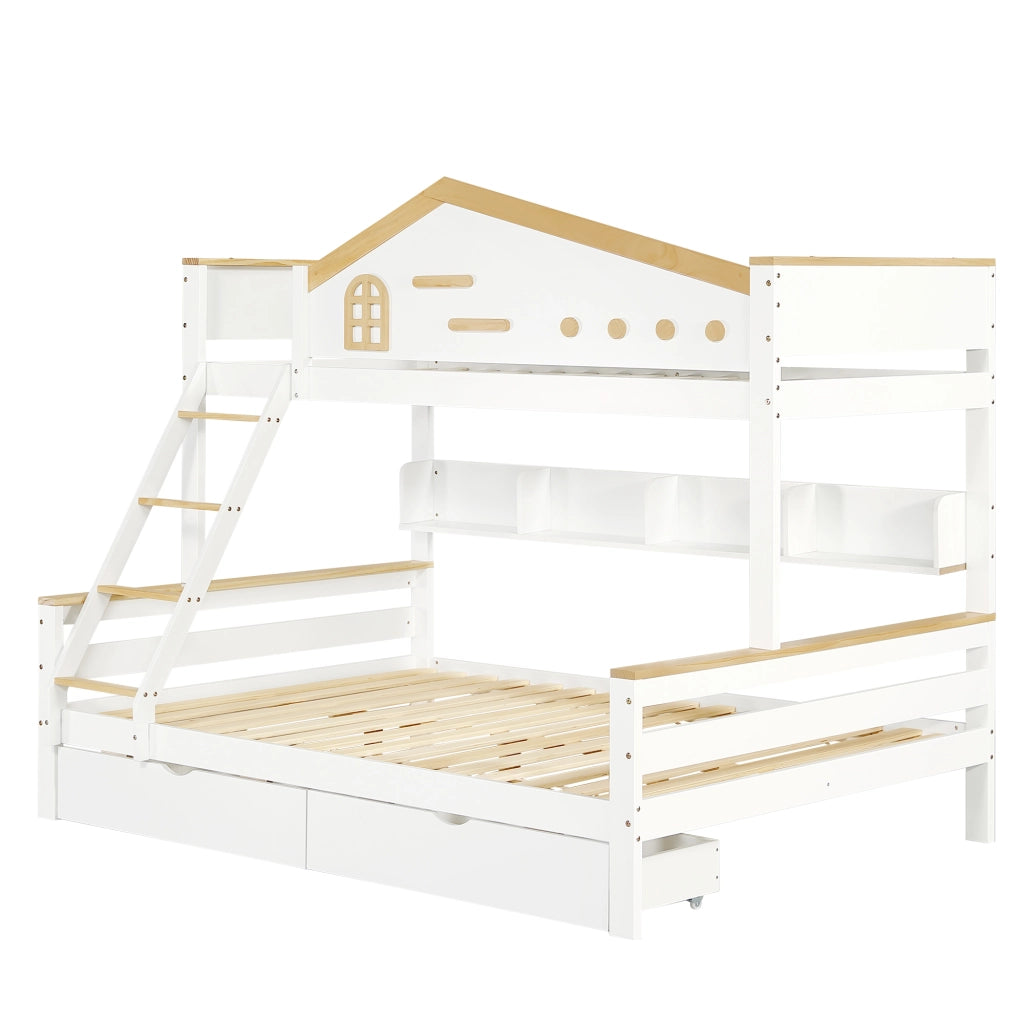 LETTO a castello con finestre, 2 cassetti, 205x148,5x167,5 cm, Bianco/Naturale