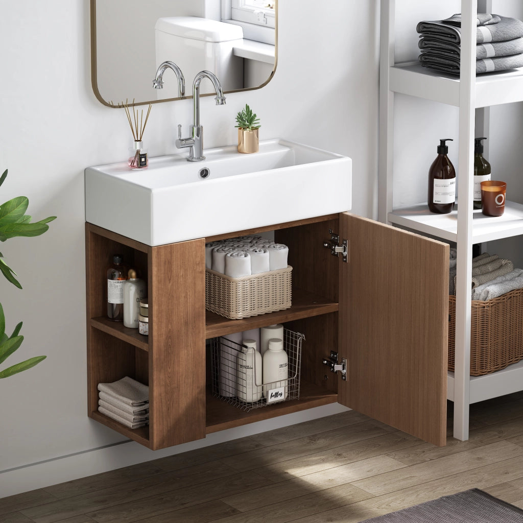 Armadietto da bagno con lavabo, ripiani laterali e chiusura ammortizzata, per bagno piccolo, marrone 69 × 52 × 32 cm