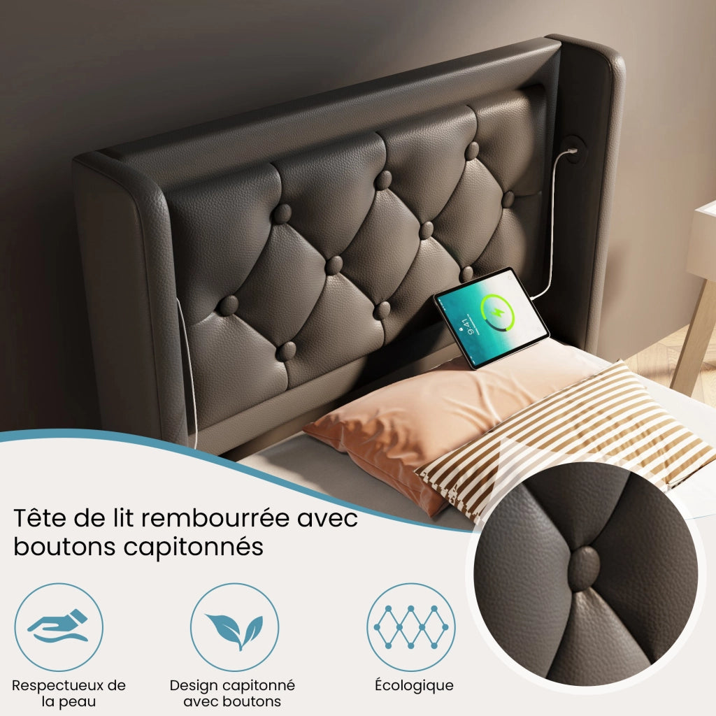 OKWISH Letto Contenitore 90×200 cm, Letto Singolo con Contenitore, USB, Tipo C e LED Regolabile, senza Materasso, in PU, Nero