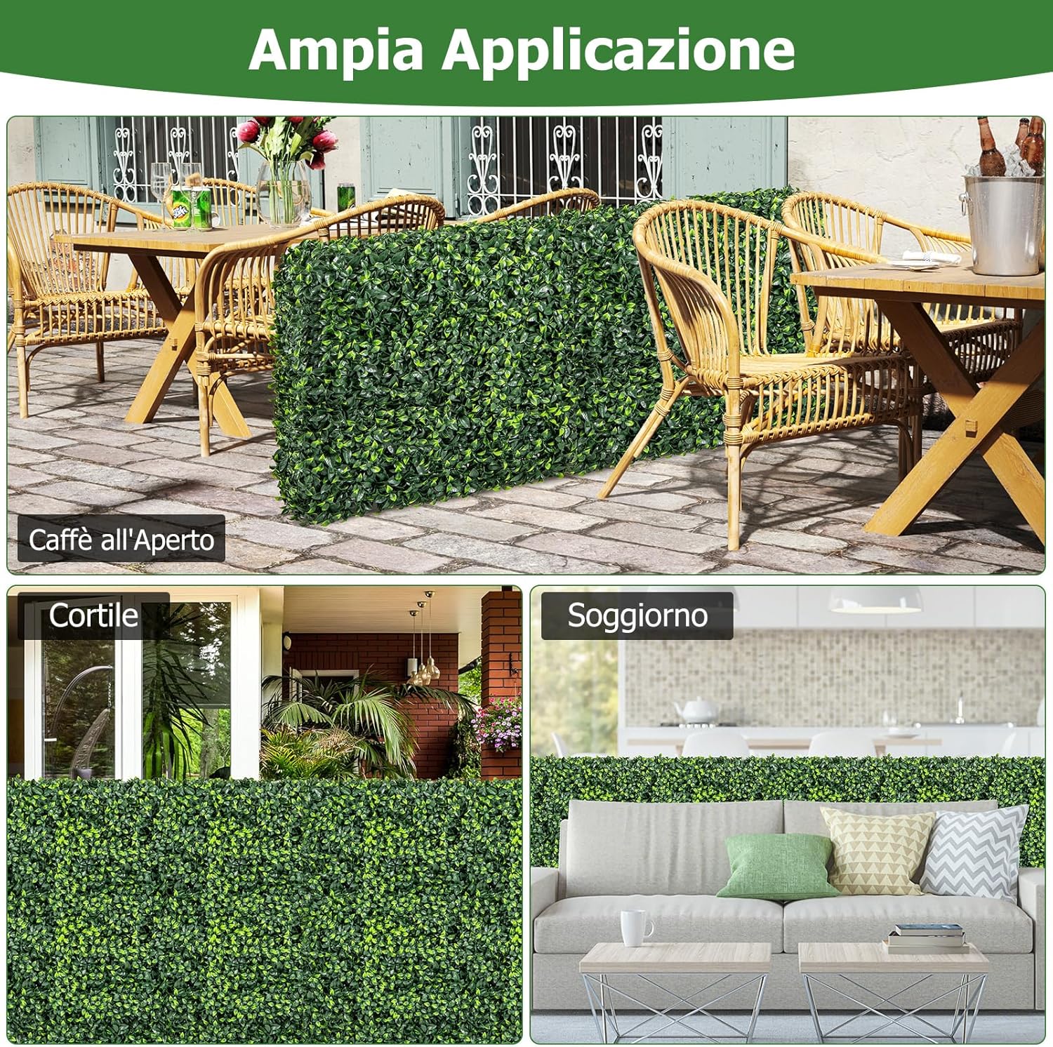 Muro di Piante Artificiale con Foglie Realisiche in PE, Pannello di Erba Finta con Tubo in Alluminio, Pannelli di Bosso Artificiale per Interni ed Esterni, 92 x 38 x 86 cm