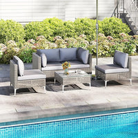 Set di Mobili da Esterno 5 Pezzi, Set da Conversazione in Rattan con Cuscini e Tavolino in Vetro Temperato, Tavolino e 4 Divani per Cortile, Bordo Piscina e Veranda (Modello 4,5 pezzi)